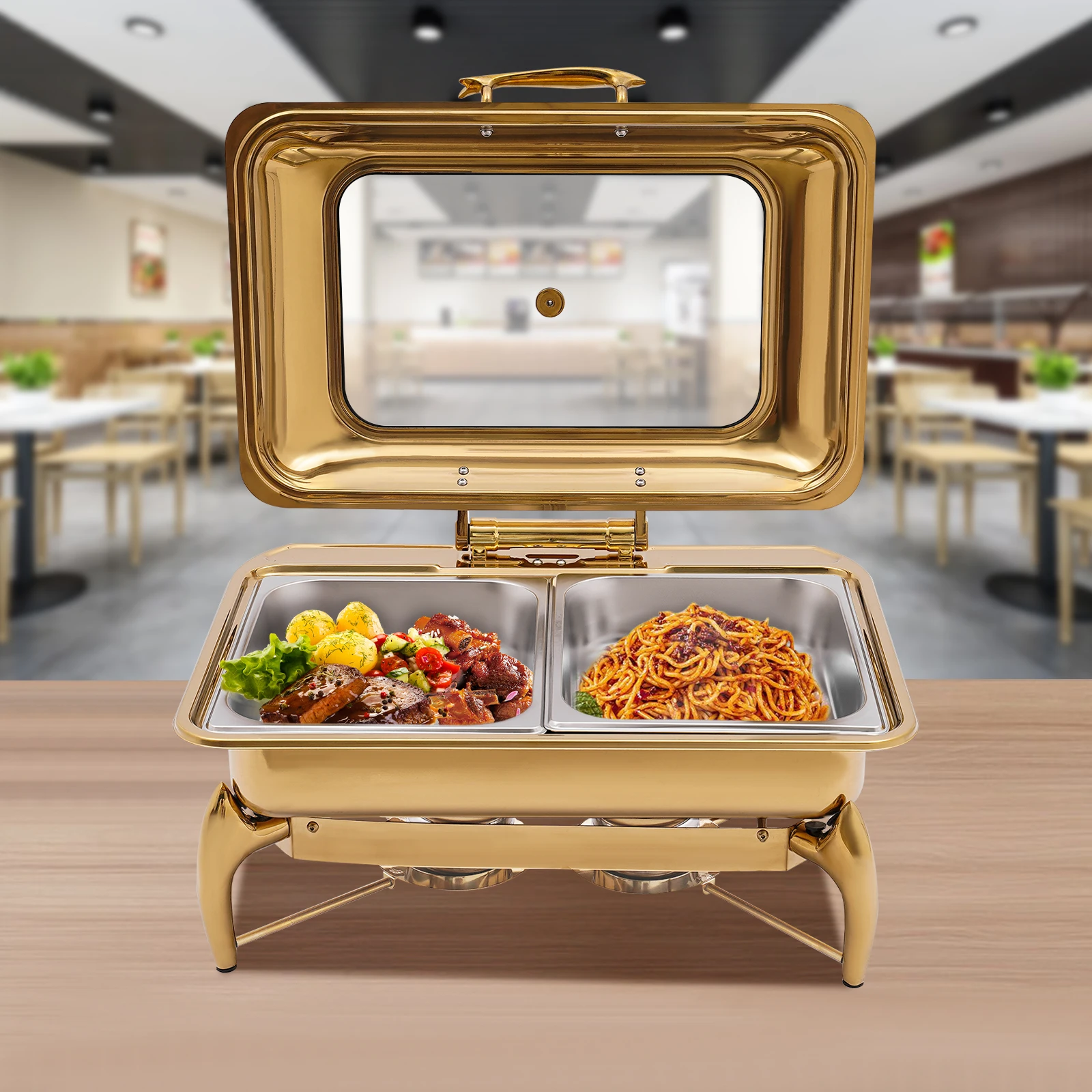 طقم بوفيه أطباق الغضب مستطيل ذهبي سعة 9 لتر، طبق تقديم للمطبخ وتناول الطعام - 90 °   زاوية الفتح، 58.5x44x30 سم