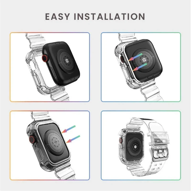 Clear Strap + Case for Apple Watch 38MM 40mm 41mm 9 8 7 Transparent silicone Bands for iwatch 6 5 SE 42MM 44MM 45MM 49MM Ultra 2