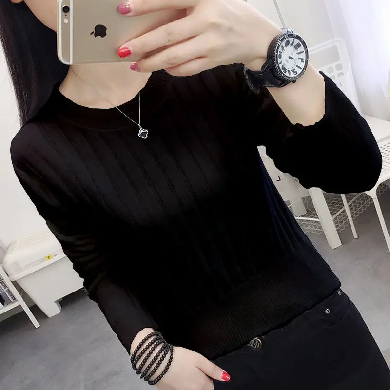 Spring Autumn New Fashion Round Neck Long Sleeve Solid Pullovers Women\'s Clothing Slim Knitting Bottoming Shirt All-match Top