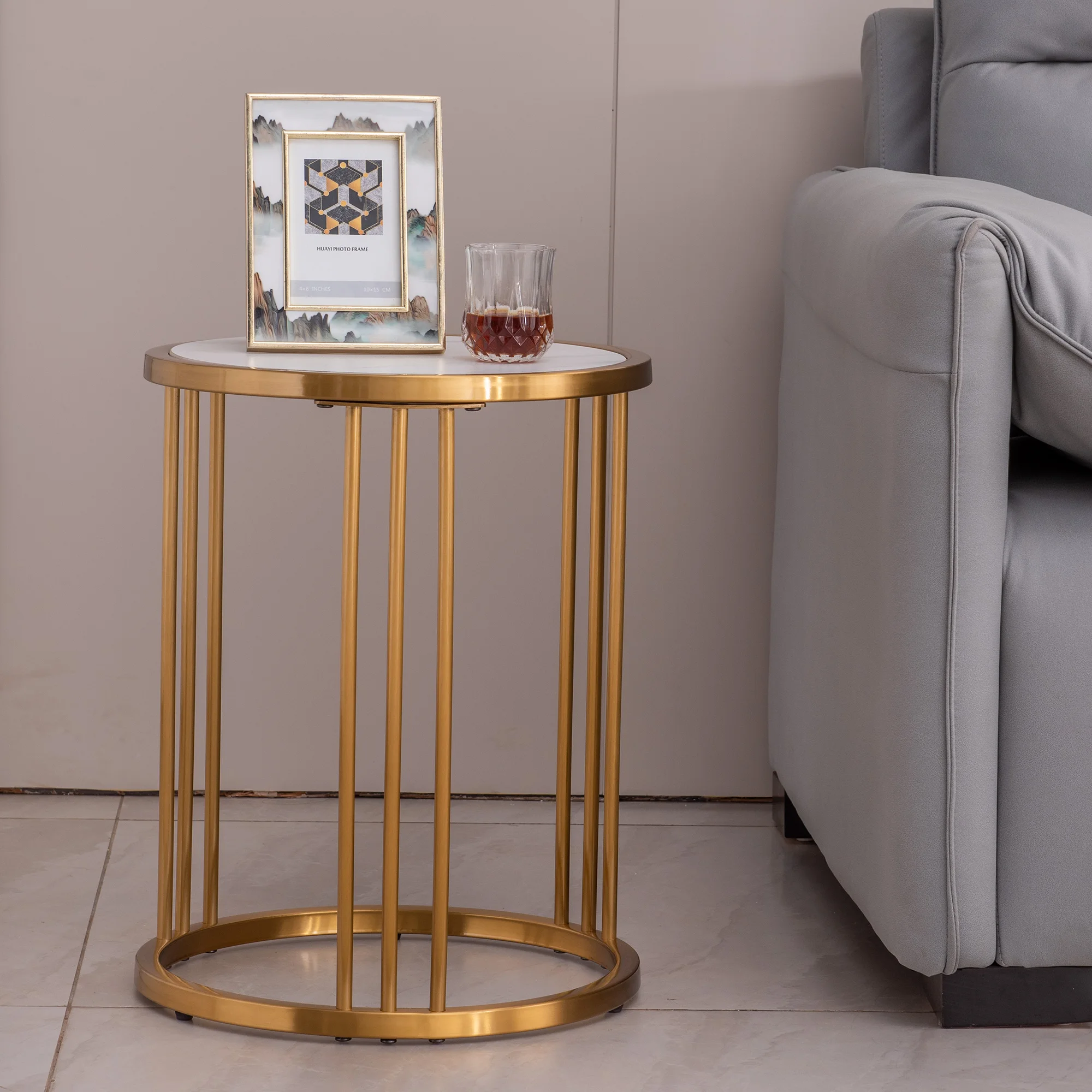 [Flash Sale]40x40x51CM Slate/Sintered Stone Round Side/End Table Coffee Table with Golden Stainless Steel Frame[US-Stock]