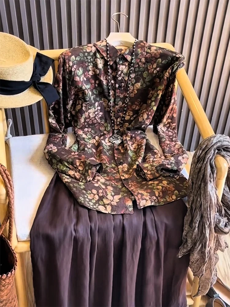 

Faionable Vintage Print irt Design Large Size Autumn Winter New Sle Ele Versatile Slimming Top Women's Clothing