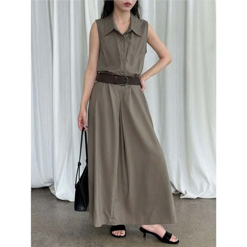 

Johnature New Cotton Linen Cargo Shirt Dress With Belt For Women 2025 Summer New Casual Loose Waist Sleeveless Dresses