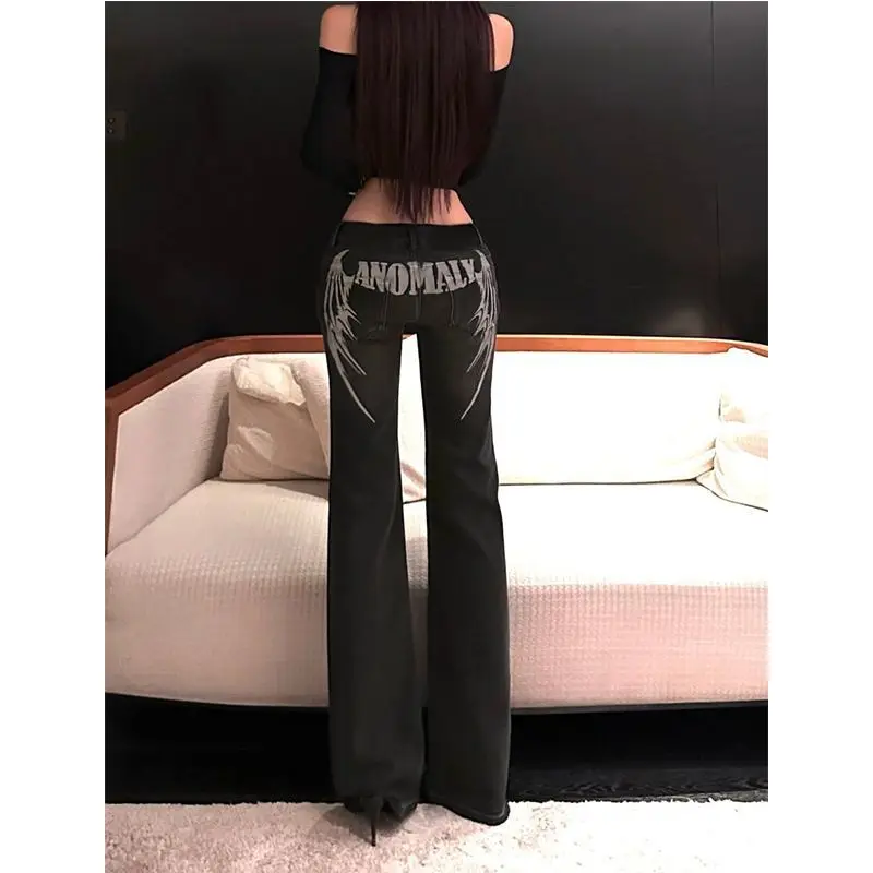 Nowe Retro Jeansy Damskie z Haftem i Nadrukiem, Czarne, Niskie w Pasie, Letnie, w Stylu Millennials, Pikantne, Seksowne, Dopasowane, Proste Nogawki, Lekko Rozszerzane