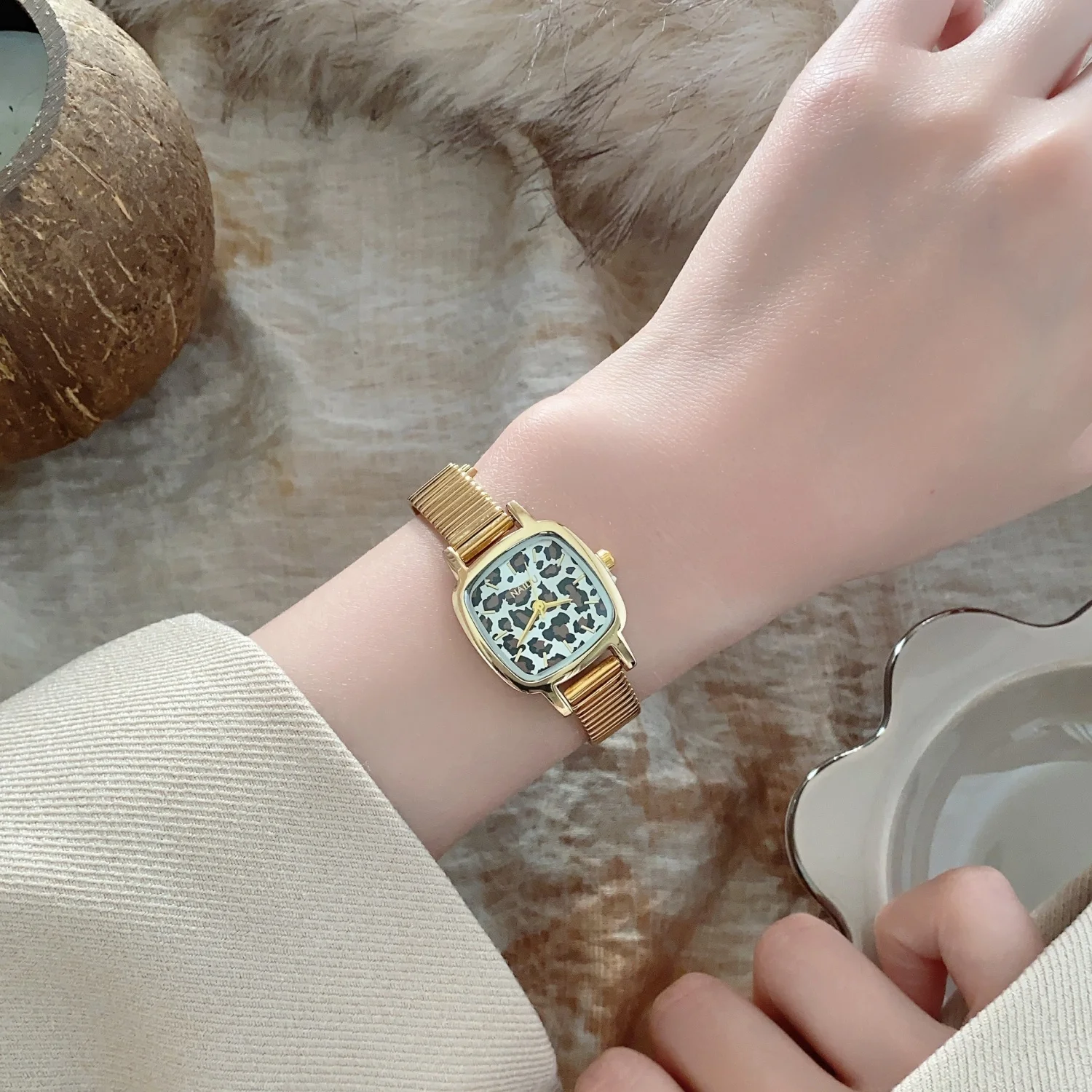 Leopard Print Dial Square Watch Stainless Steel Charm Bracelet For Friend Gift Women's Quartz Watches Gold Original Wristwatches