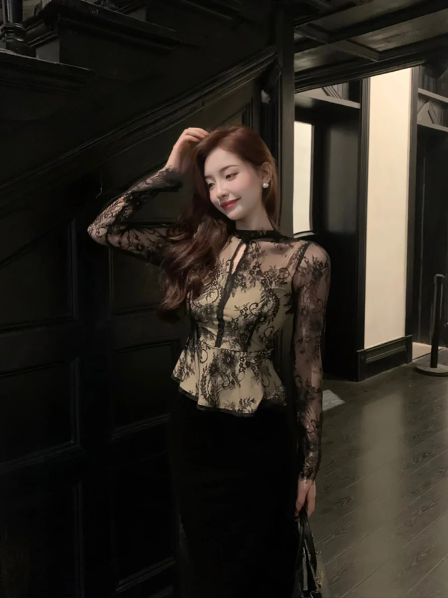 

Ele Me Lace Long Sve Base irt Женский весенне-осенний новый модный топ с цветочным принтом и вырезом