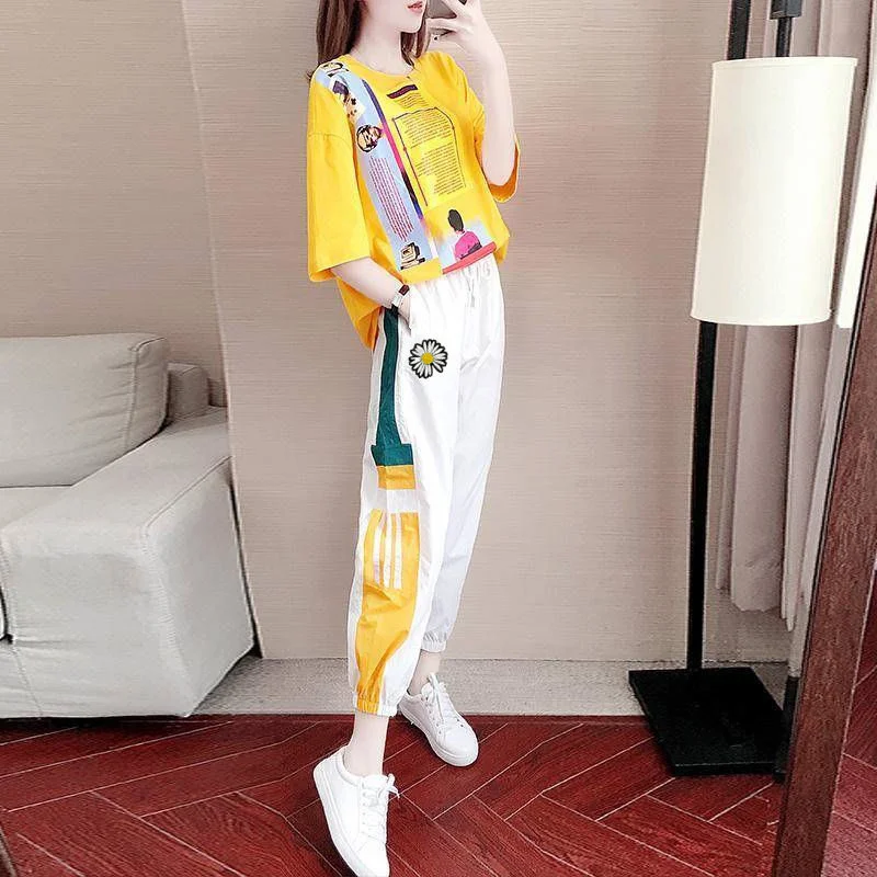 Women\'s Casual Sweat Suits Plus Size Clothing 2024 Summer New Fashion Loose Korean Pants Short Sleeve Top 2 Two Piece Set Ladies