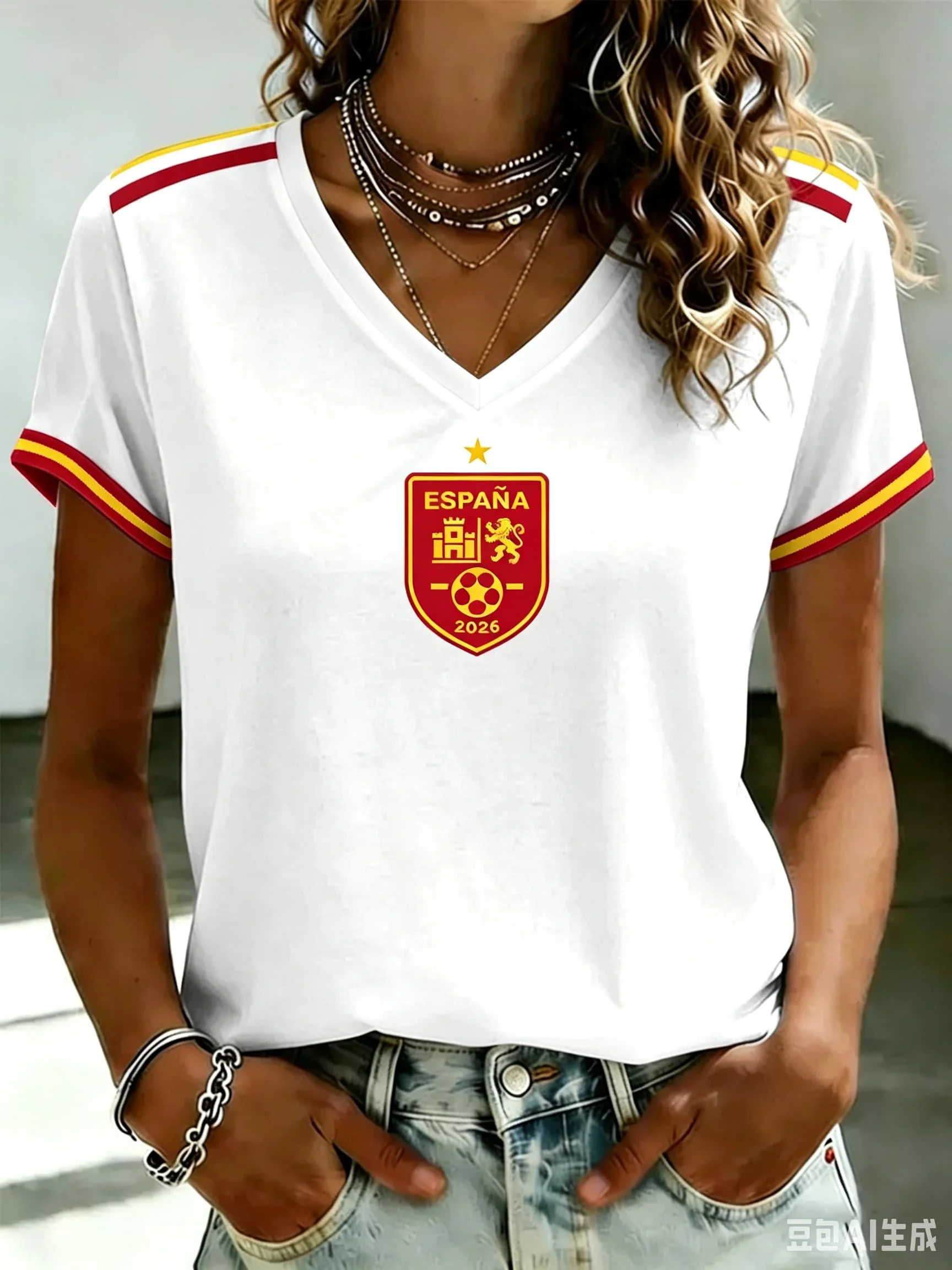New Womens Spain V Neck Football Jersey España Letter Spanish National Crest Short Sleeve Soccer Fan Casual Sports T-shirt Tee