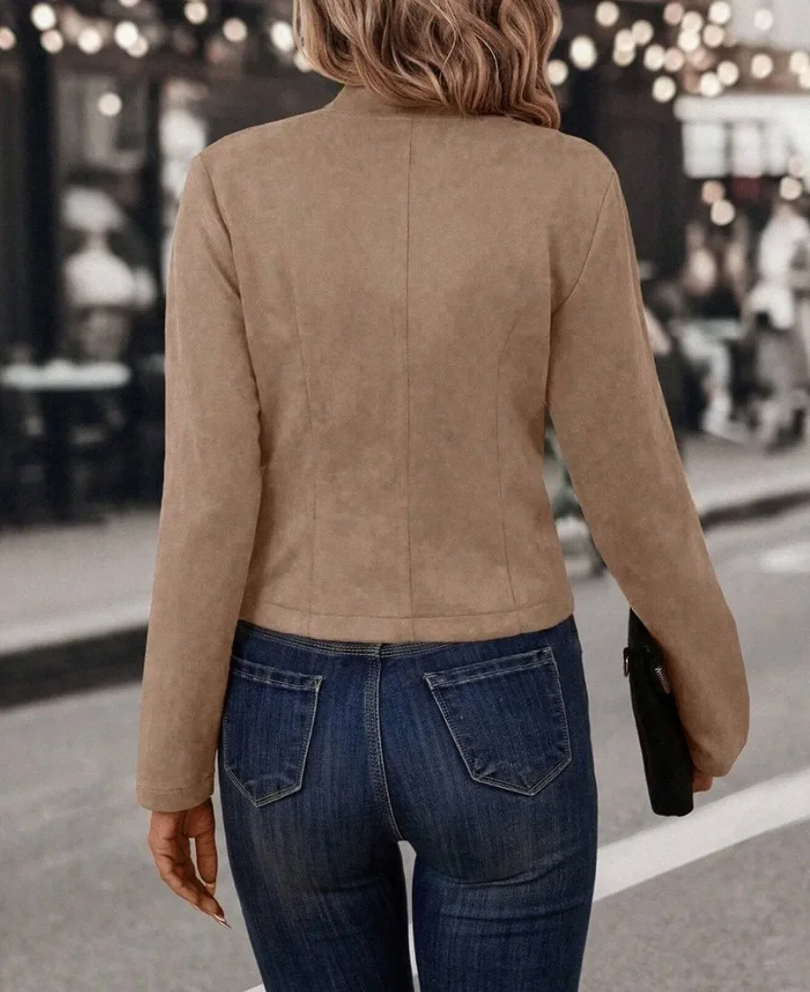 Damen-Blazer mit Stehkragen, offener Front, doppelter Knopfleiste auf beiden Seiten, langen Ärmeln für den täglichen Freizeitgebrauch. – Detail 19