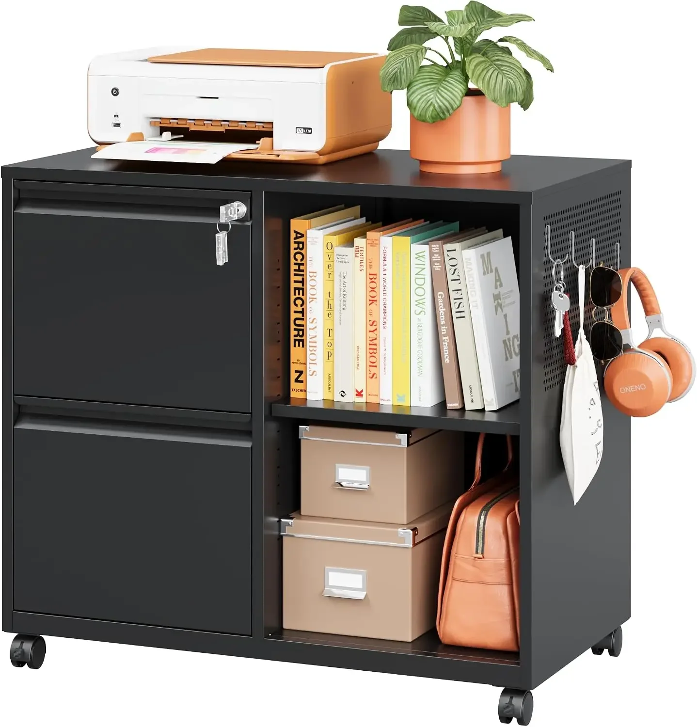 Mobile File Cabinet with Side Hook, 2 Drawer Lateral File Cabinet with Lock fits A4/Letters/Legal Size for Home Office,Metal