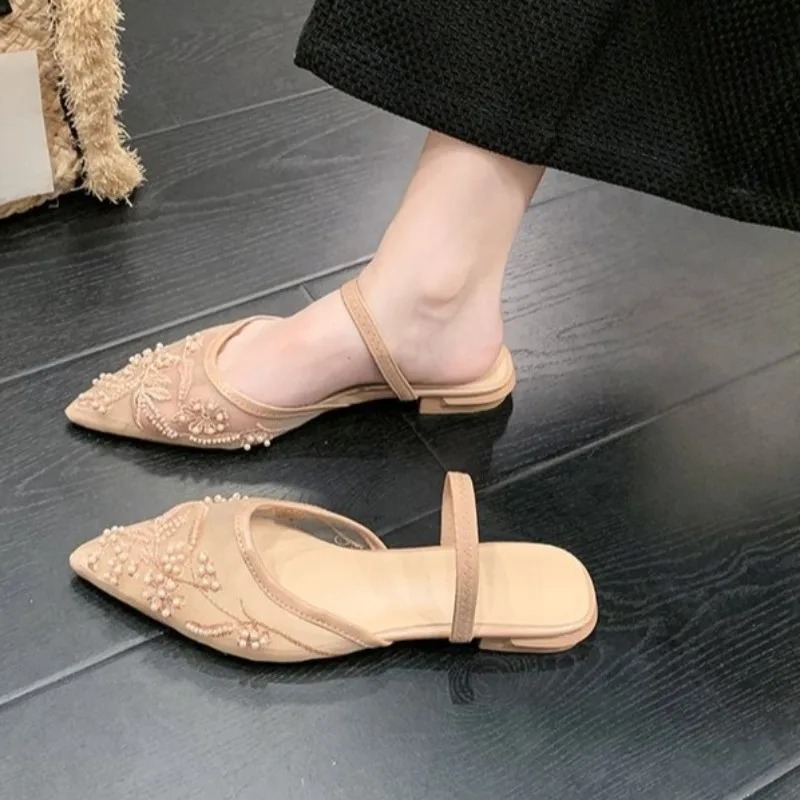 2026 Summer New Product Pointed Toe Shallow Mouth Women's Mesh Low-heeled slippers