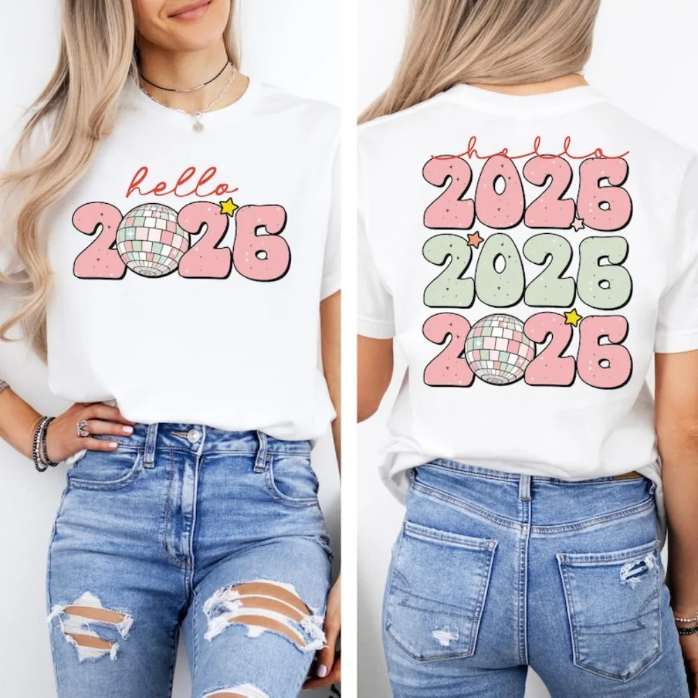 

Hello 2026 T-Shirt Cute New Year Party Tee Christmas Holiday Party TShirt 2026 Disco Ball Shirt Duplex Printing Women Fashion T