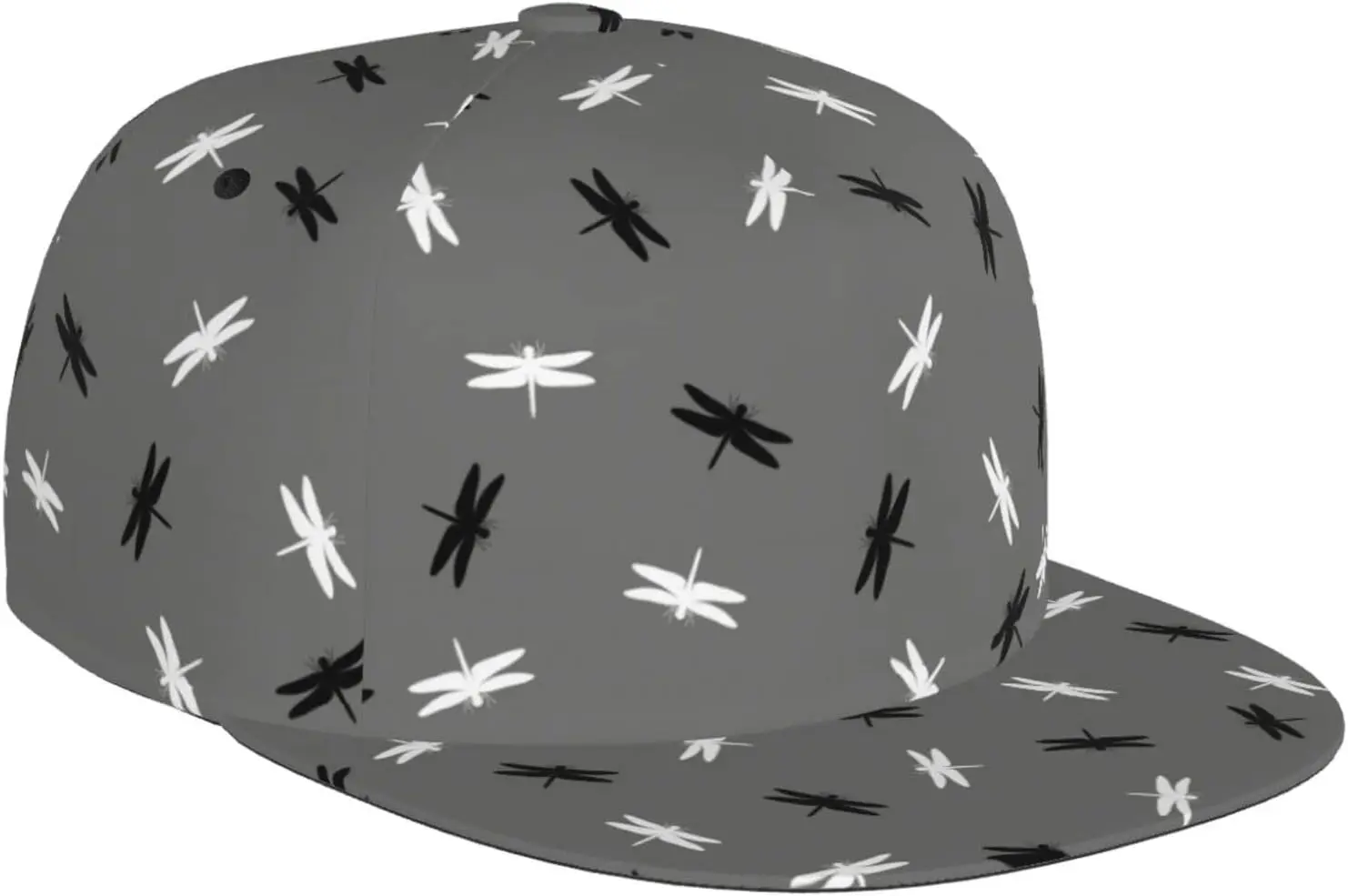 Dragonfly Black and White Art Pattern Flat Bill Hat, Unisex Snapback Baseball Cap Hip Hop Style Flat Visor Blank Adjustab