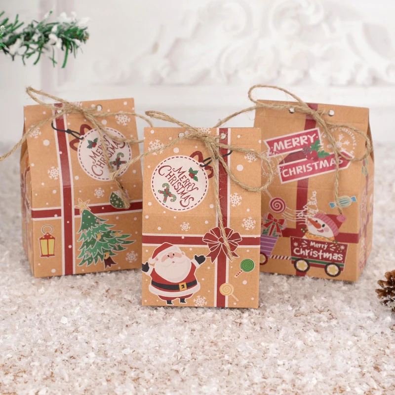 5/10pcs Merry Christmas Candy Box With Rop Kraft Paper House Santa Claus Cookie Gift Packaging Boxes 2024 New Year Party Decor