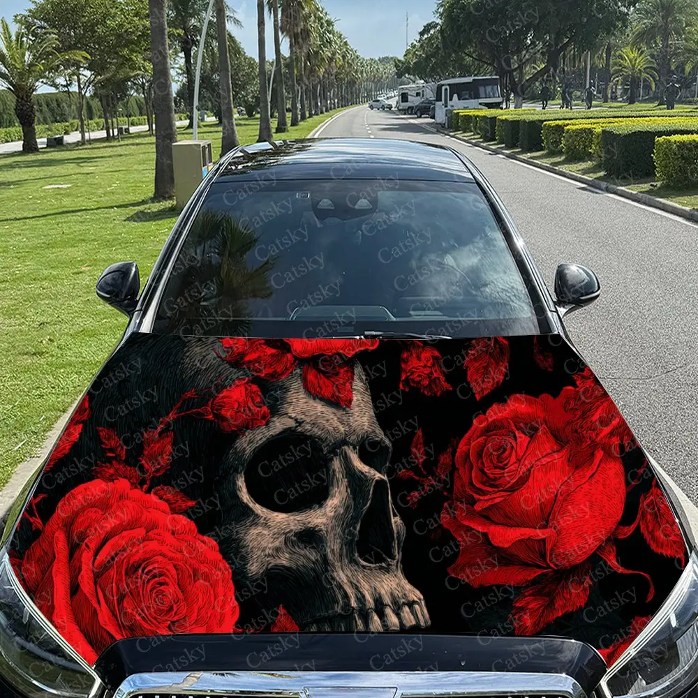 Car Decal Red Rose Skull with Intricate Artistic Element in Dark Gothic Design, Creating a Bold and Captivating Visual Car Hood