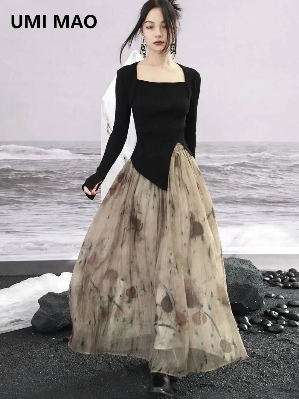 

UMI MAO Ретро Юбка с большим подолом для женщин Осень-зима Высококачественные длинные шелковые юбки с растительным принтом тай-дай Femme
