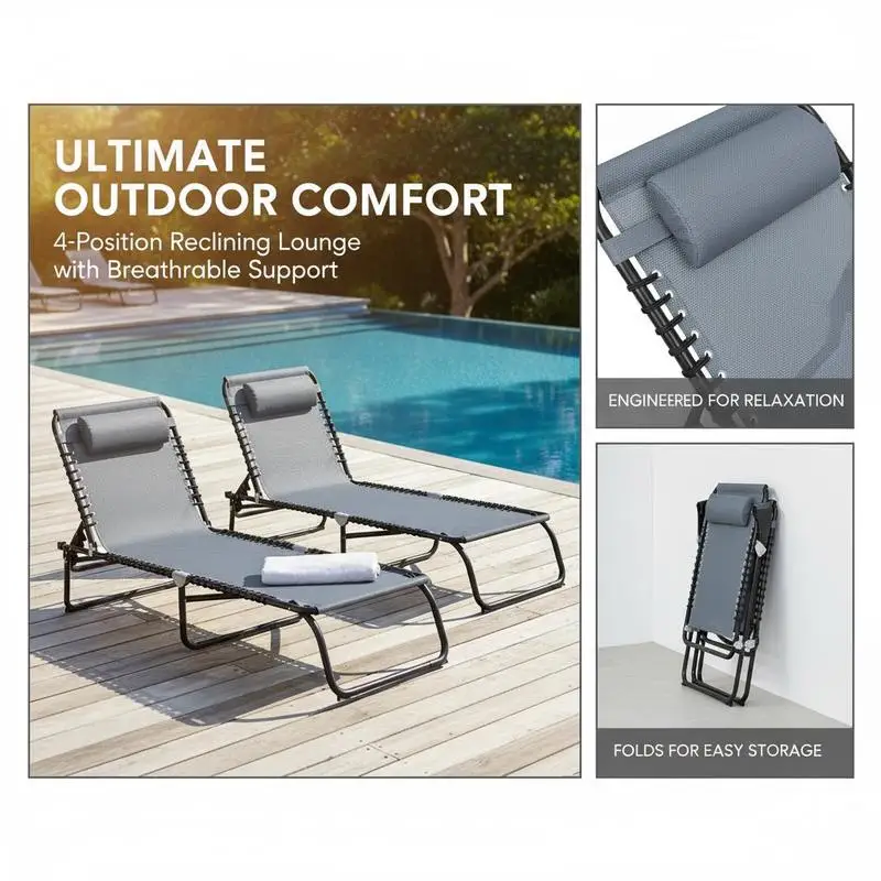 2 Folding Chaise Lounge Pool Chairs with 4-Position Reclining Back, Pillow, Breathable Mesh & Bungee Seat, Gray