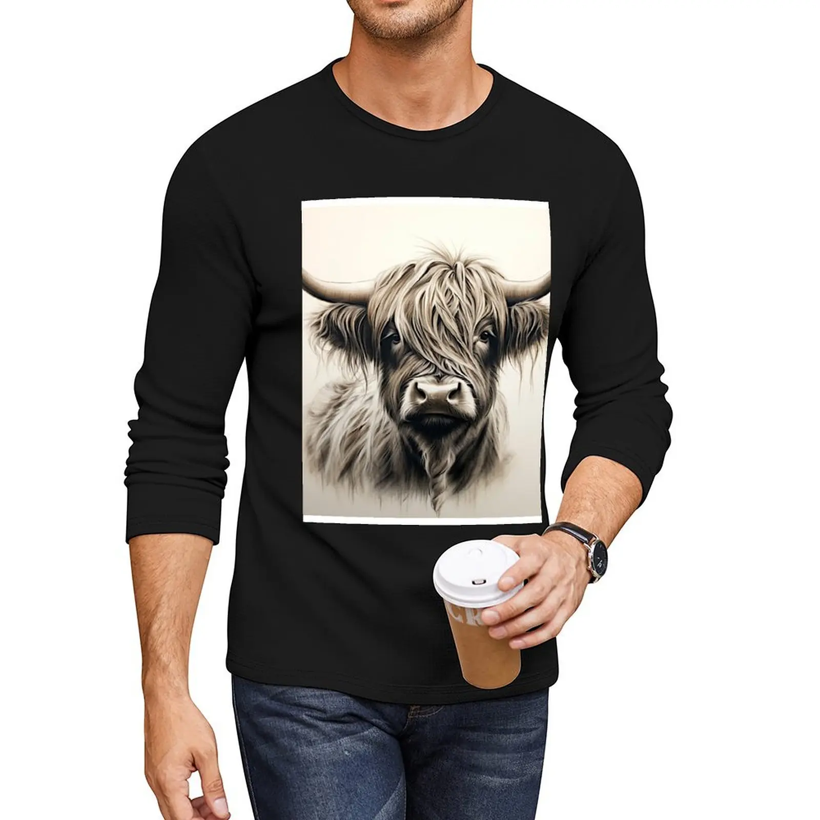 

Highland Cow Black and White, Sepia Long T-Shirt oversized t shirts anime Blouse t shirt men