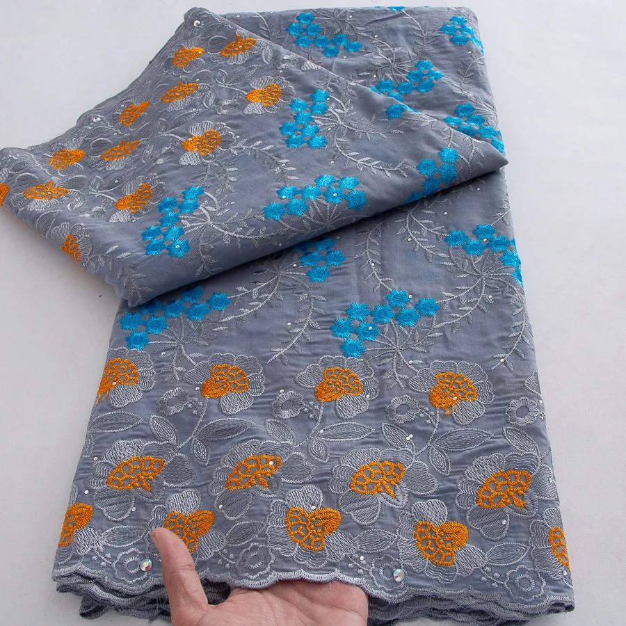 

African Cotton Lace Fabric Gray with Orange Blue Embroidery, High Quality Nigerian Dry Lace with Stones for Wedding Party Dress