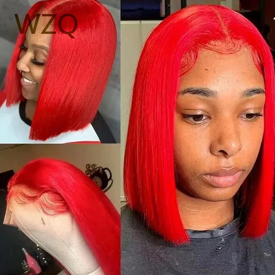 

Red Straight Short Bob High Quality Transparent 13x4 Lace Frontal Wigs Brazilian Colored Human Hair Wig 180 Density For Women