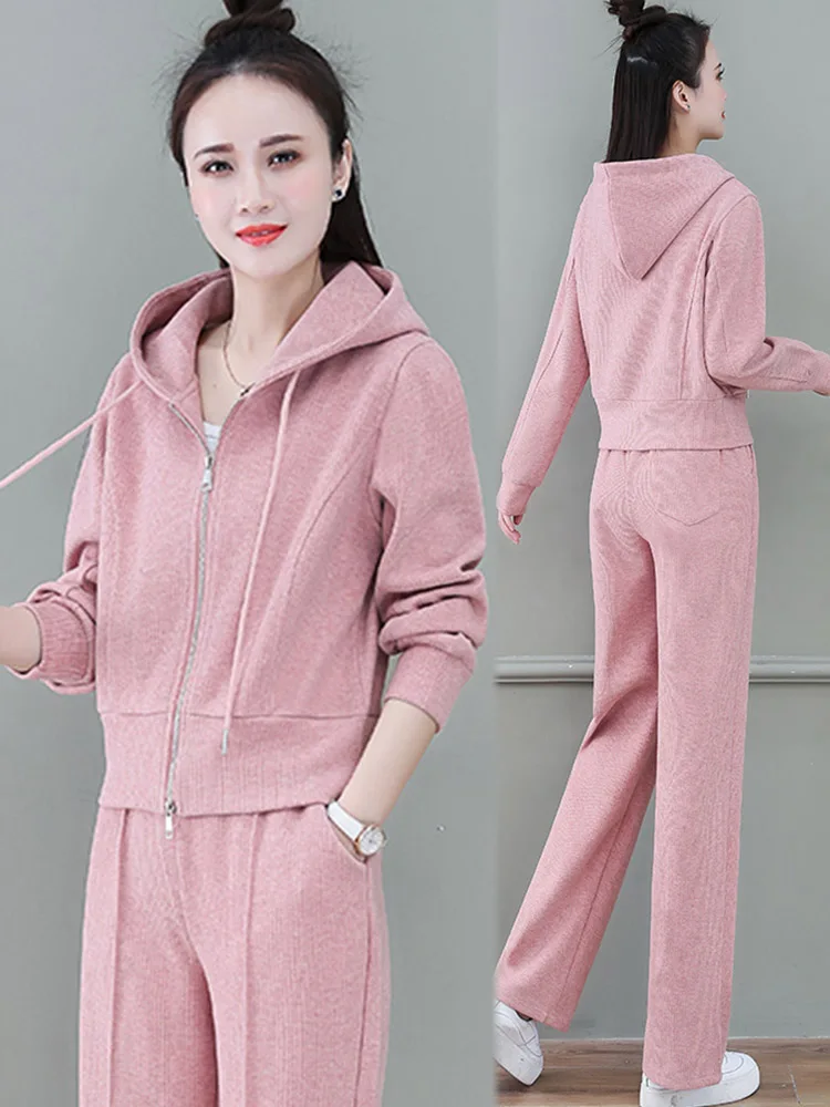 Autumn Women Sportswear Tracksuit Loose Wide Leg Sweatpant Hooded Jacket Running Jogger Fitness Workout Casual Outfit Sport Suit