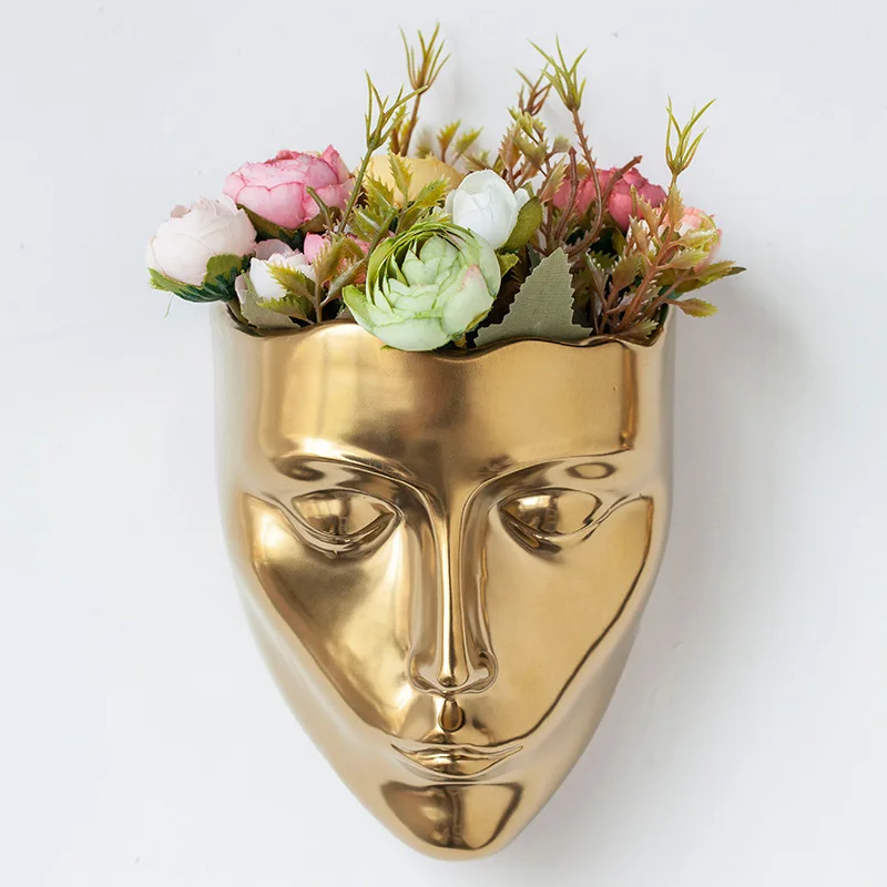 European-style Ceramic Facial Vase Ornament Abstract Art Human Face Flowerpot Vintage Gold Wall-mounted Vase Home Decoration New