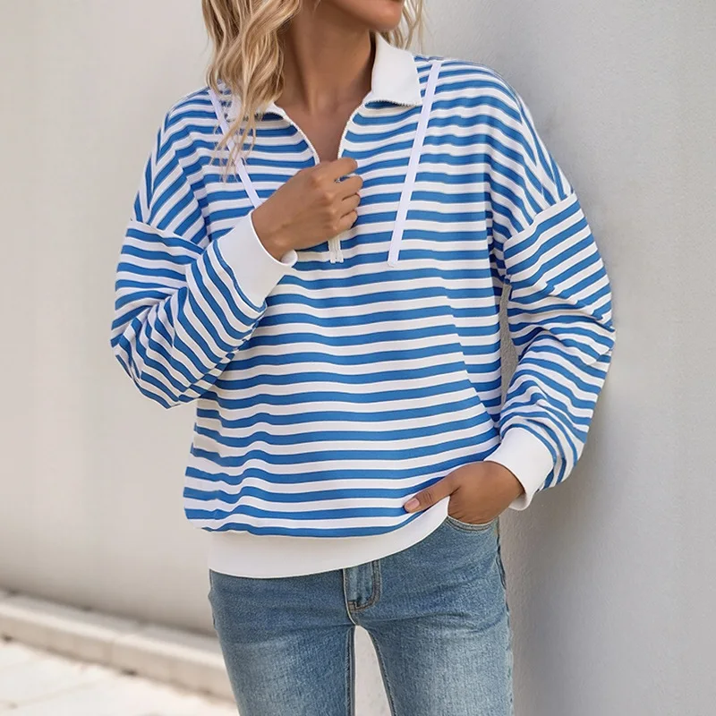 Women Striped Pullover Hoodie Loose Long Sleeve Autumn Winter Casual Zipper Polo Collar Sweatshirt