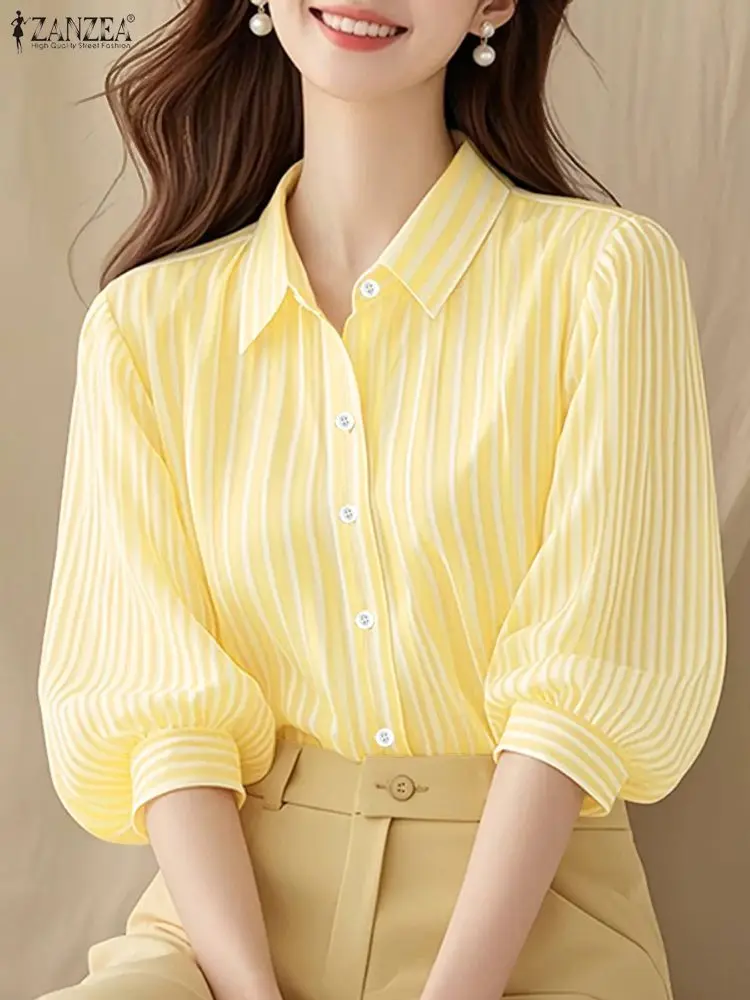 Elegante Vrouwen OL Werk Blouse 2025 ZANZEA Herfst Kantoor Gestreept Shirt Mode Revers Hals 3/4 Mouw Knoppen Tops Vrouwelijke Tuniek