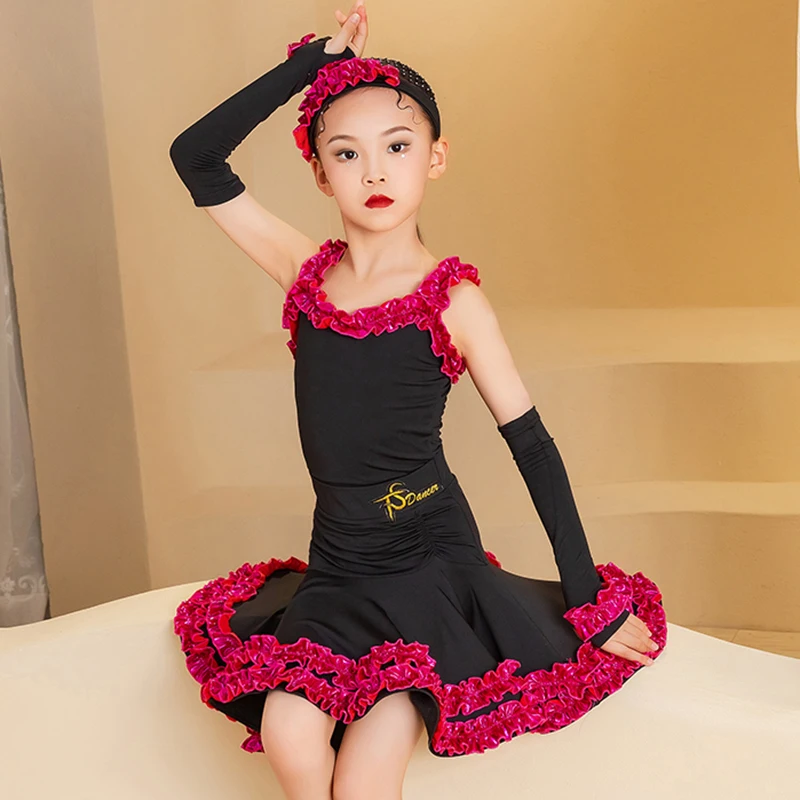 

Kids Girls Sleeveless Straps with Dense Lace Latin Dance Performance Ballroom Dancewear Children's Professional Practice Costume