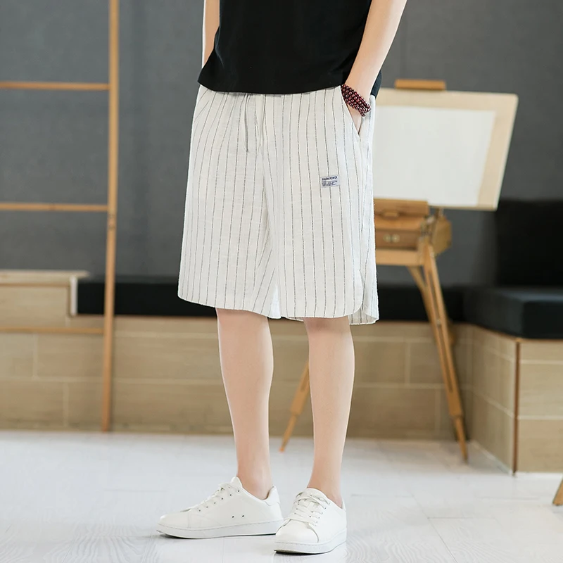 

Casual Linen Cotton Blend ort orts Loose Fit Straight Leg Thin Summer Retro Striped Men's Leisure Pants Youthful Energy S...
