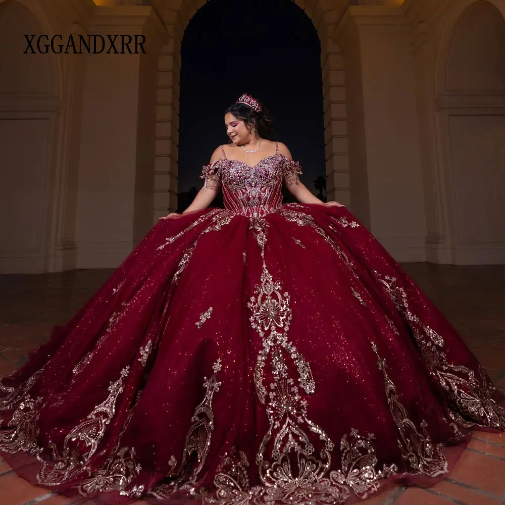 

Customized Burgundy Quinceanera Dresses 2026 Long Train Bow Backless Sequins Lace Applique Girls Birthday Prom Party Gown Custom