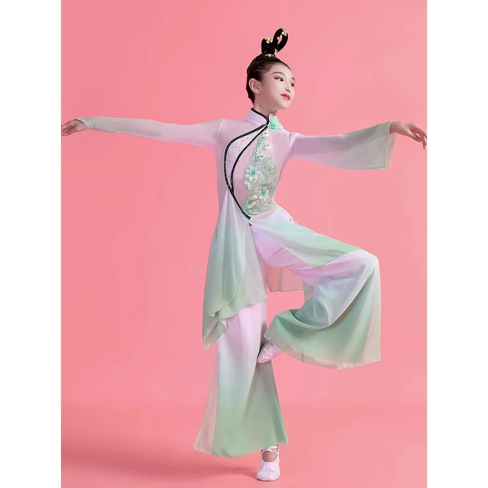 Trajes de dança clássica para meninas, povo chinês, Jasmim, Yangko, Fan Dance, Lantejoulas, Clássica, Elegante, Estéreo