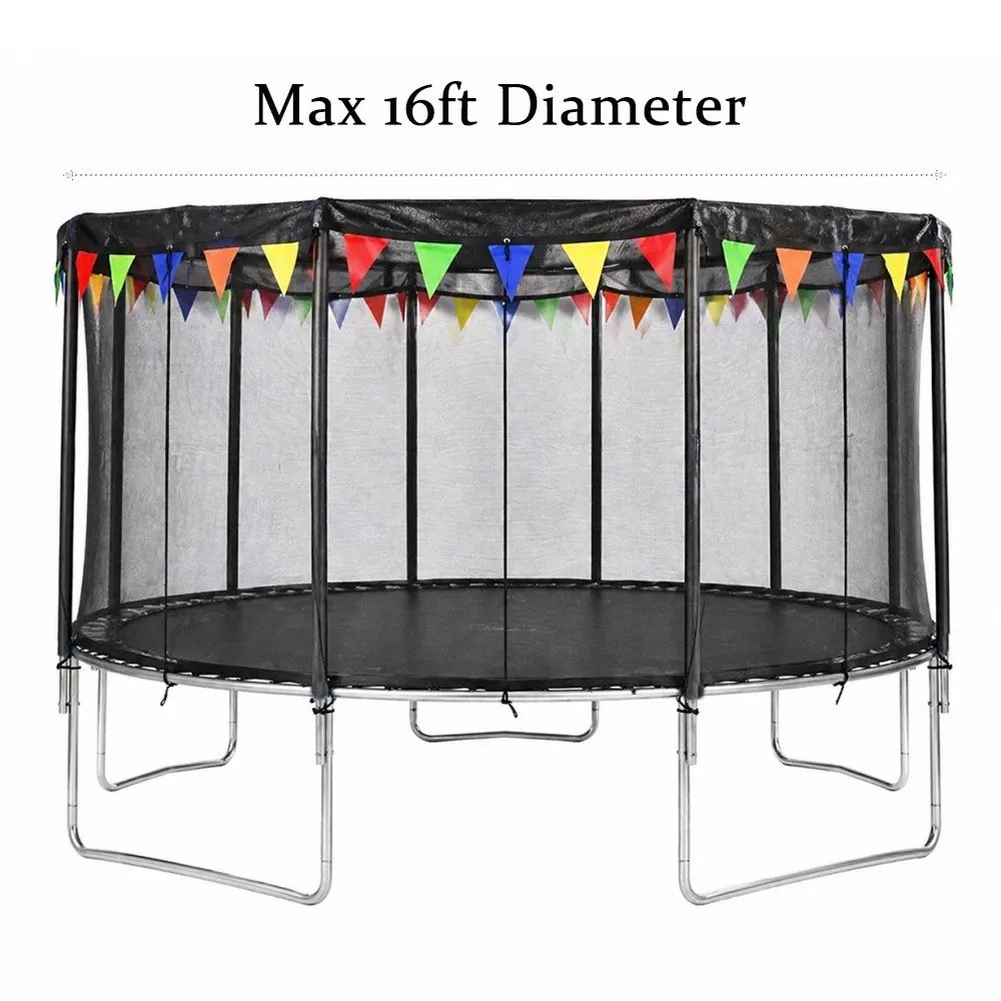 16ft Round UV Sunshade Cover for Backyard Trampolines Breathable PE Fabric with Decorative Colorful Flag Border