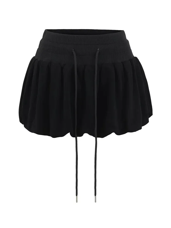 2025년 여름 스위트 드로스트링 엘라스틱 웨이스트 플라워 버드 스커트 슬리밍 하이 웨이스트 루즈 퍼피 숏 스커트 여성 출퇴근 스타일