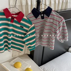 2025 Spring Autumn Fashion Children Clothes Girls Long Sleeve Striped T-shirt Boys Cotton Casual Tops 1-6 Years Kids Polo Shirts
