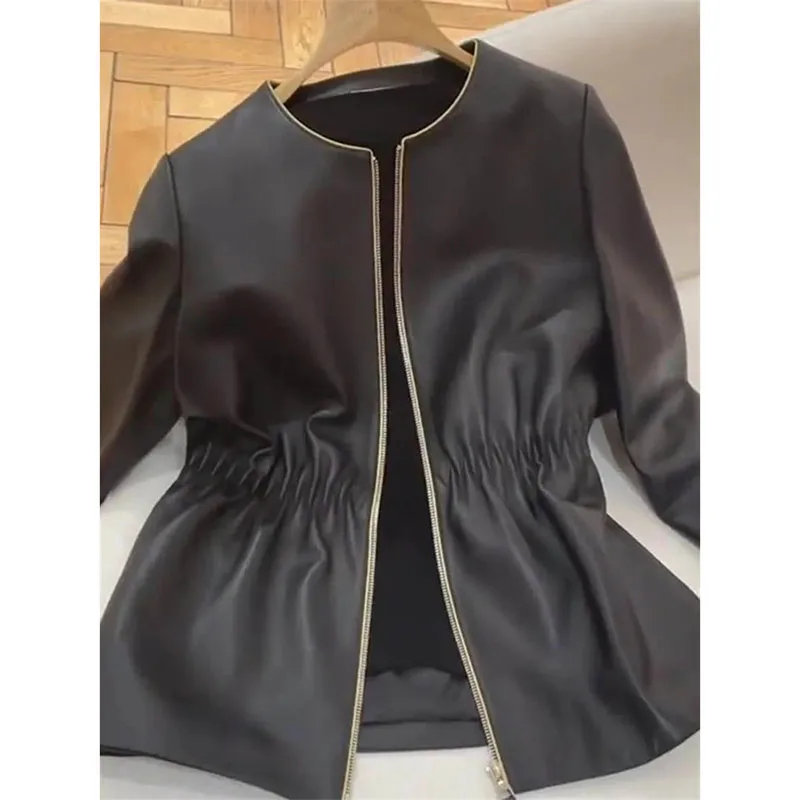 Veste en cuir noir rétro pour femme, col rond, décontracté, design de mode, fouet, manteau en cuir doux avec fermeture éclair, haut féminin, printemps, automne, 2024