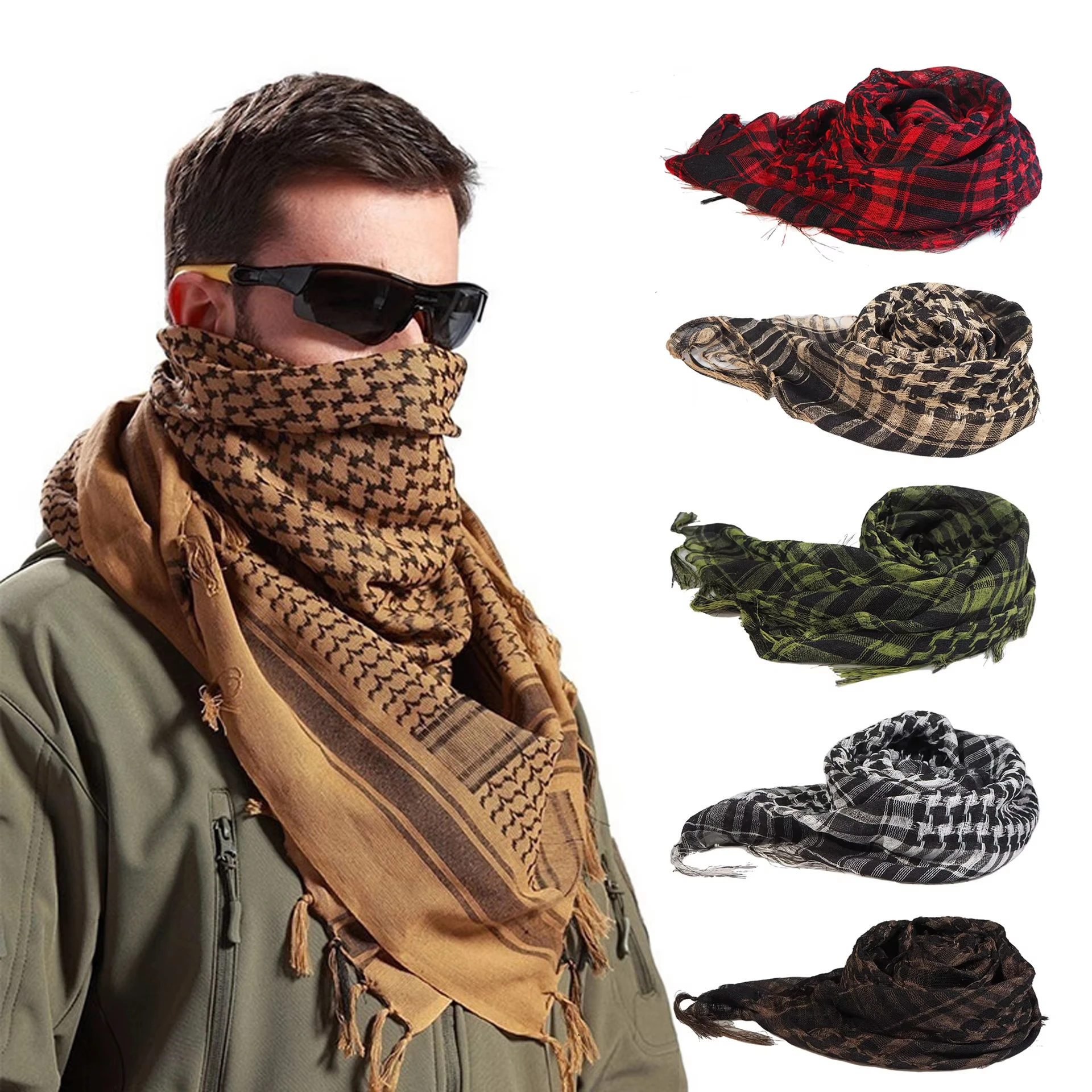Keffiyeh Plaid Tassel Scarf, Unisex Tactical Desert Shawl, Windproof Breathable Neck Wrap for Outdoor Hiking Multi-use