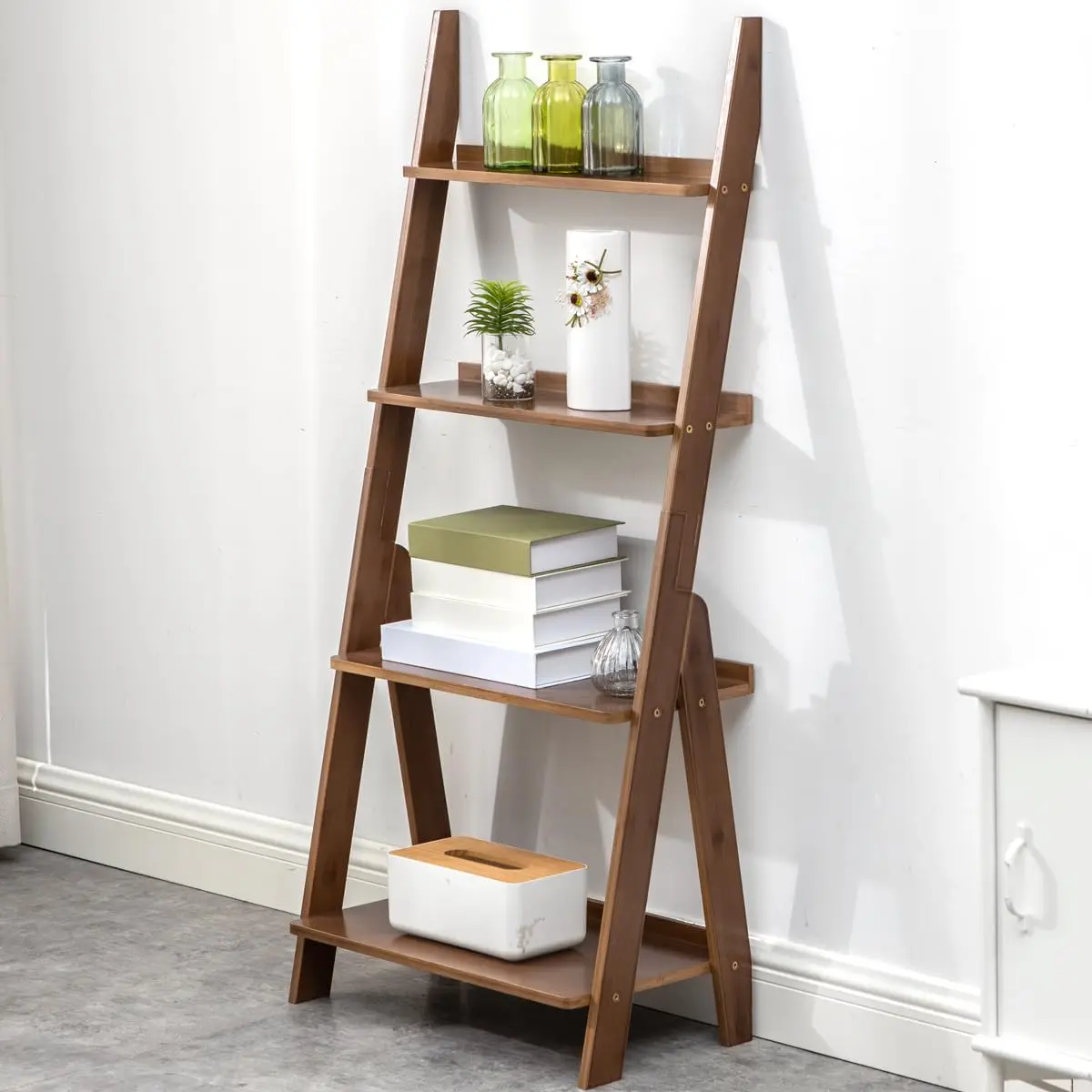

Minimalist 4/5 Tier Bamboo Ladder Shelf Free Standing Organizer Bookcase Storage Rack for Living Room Home Office Balcony