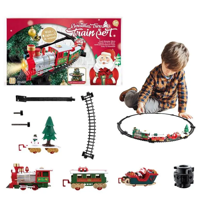 Christmas Kids Train Set Animated Train Around The Tree Locomotive Railway Car With Light Sound Electric Train Set Easy Assemble