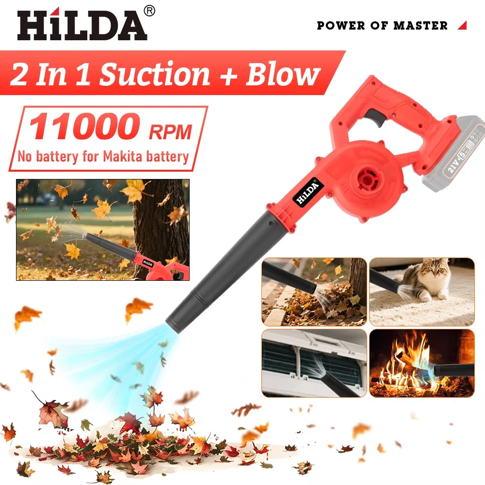 HILDA 2-in-1 Cordless Leaf Blower/Vacuum Electric Suction+Blow Tool Powered Snow & Yard Cleaner  For Makita 21V Battery