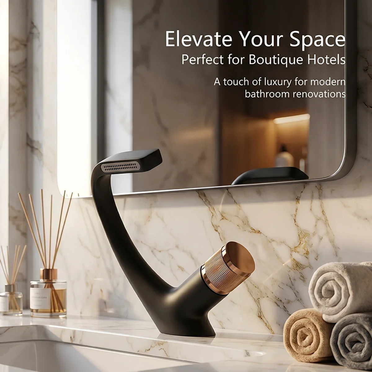 Matte Black & Rose Gold Bathroom Faucet, Solid Brass Unique 