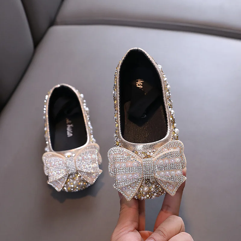 AINYFU New Kids Pearl Party Shoes Baby Girl Leather Shoes Children Rhinestone Bow Princess Shoes Breathable Wedding Shoes J315