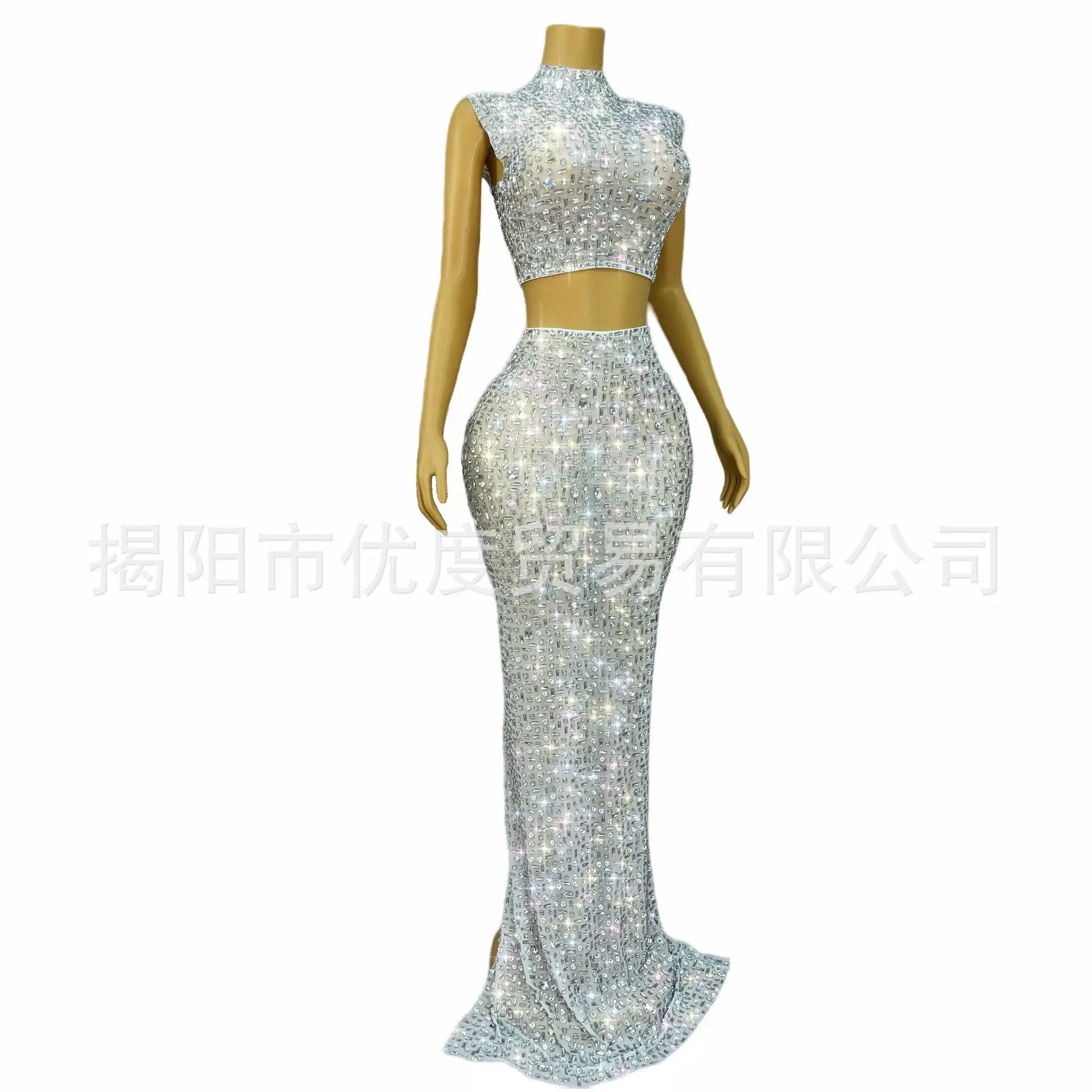 Glam Heavy Handmade White Rhinestone Mesh Dress Bar Party Night Performance White Shell Split Dress Evening Dresses Luxury Party