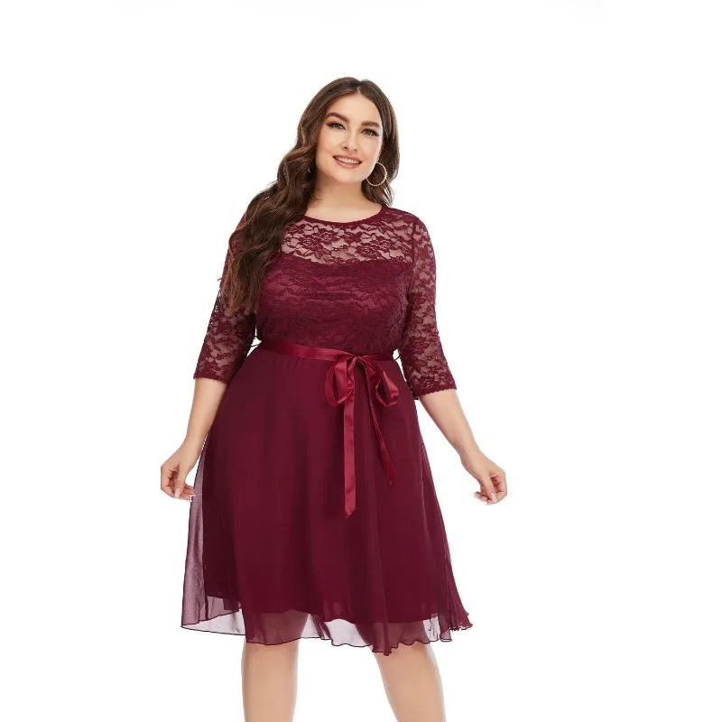 XL-5XL Elegant Dresses Women Clothing Plus Size Summer Half Sleeve Mesh Lace Bandage Chiffon Casual Sexy Club Party Midi Dress