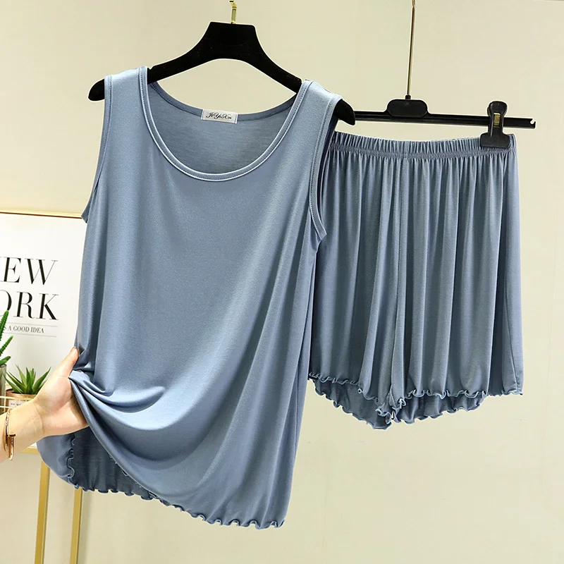 

Loose Modal Ladies Summer Sleepwear Tank Top Shorts Two-Piece Set Large Size Wooden Home Clothes Can Be Worn outside