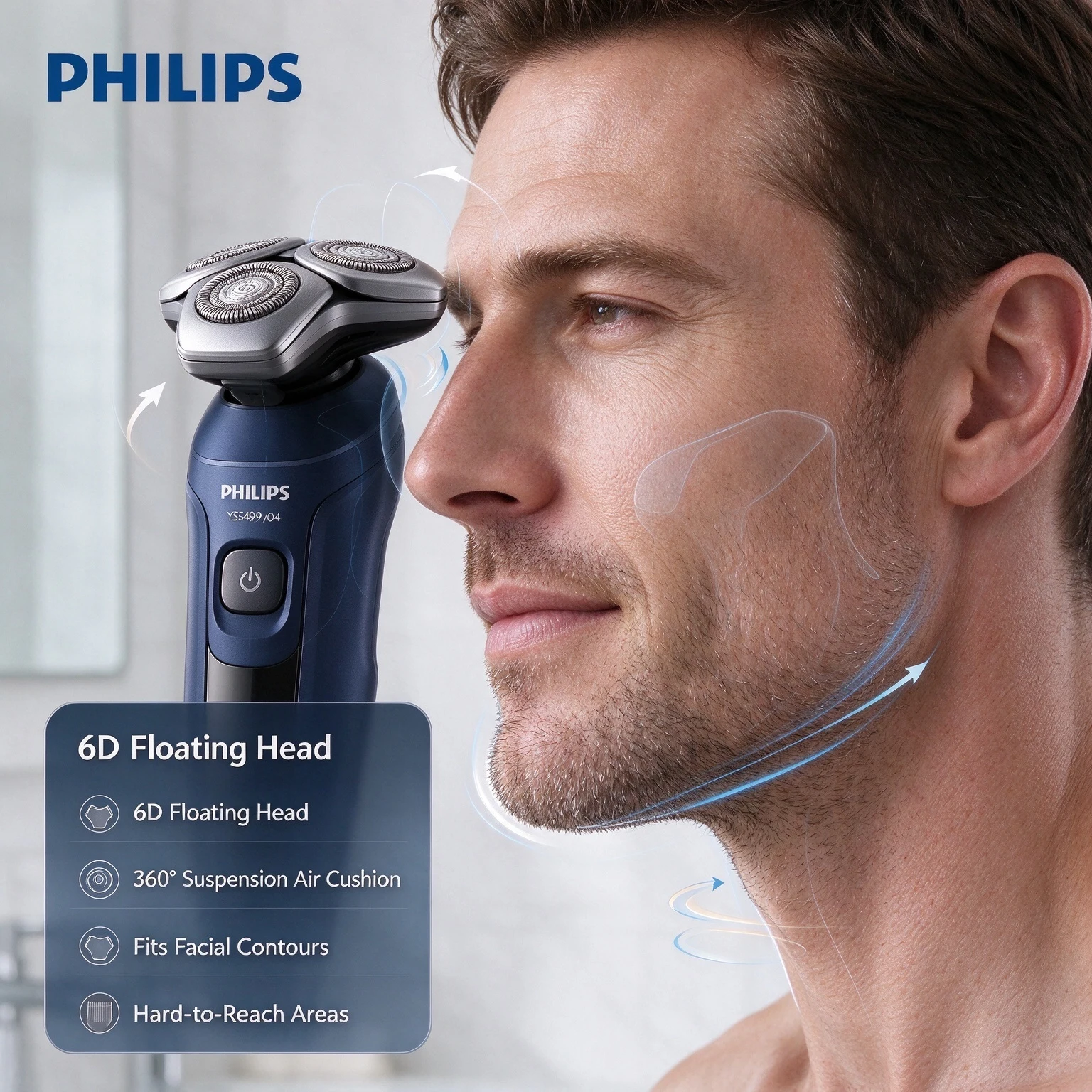 Philips Series 5000 YS5499/04 Electric Shaver 6D Floating Pentagon Head 360 Suspension IPX7 Wet Dry 40 Min