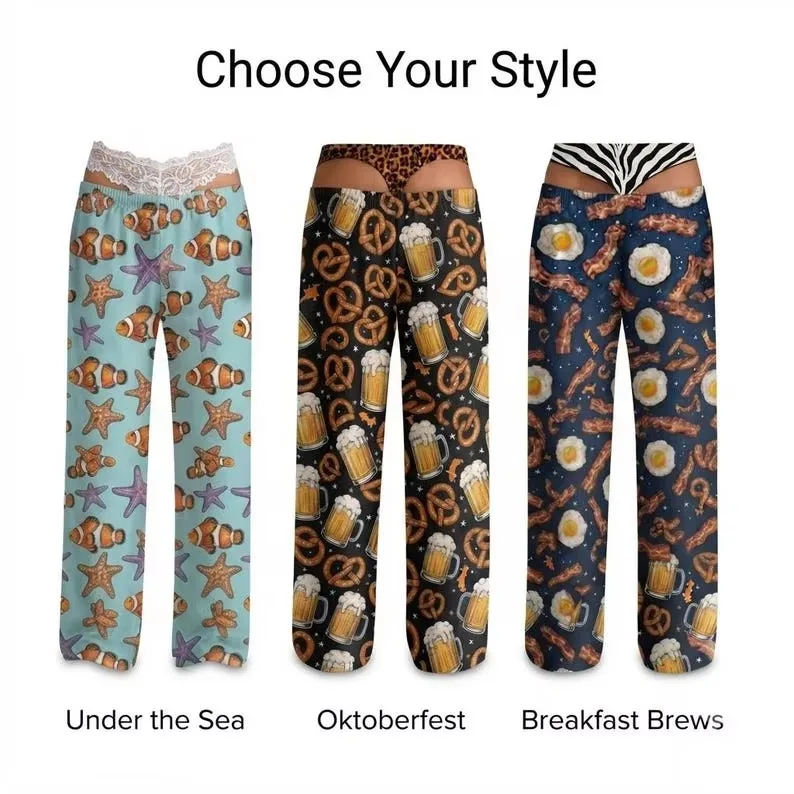 Women Funny Illusion Fake Open Back Waist Pajama Pants 3D All Over Print Wide Leg Lounge Pants Novelty Sleep Trousers Party Gift