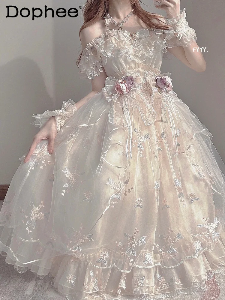 

Lolita Princess Dress JSK Lolita Wedding Dress Gorgeous Elegant Pearl Shoulder Strap Dress Cover Chest Bow Waist Flower Necklace