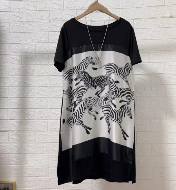 summer lady loose straight dresses short sleeve women print dress lady mother's summer dresses horse clothing