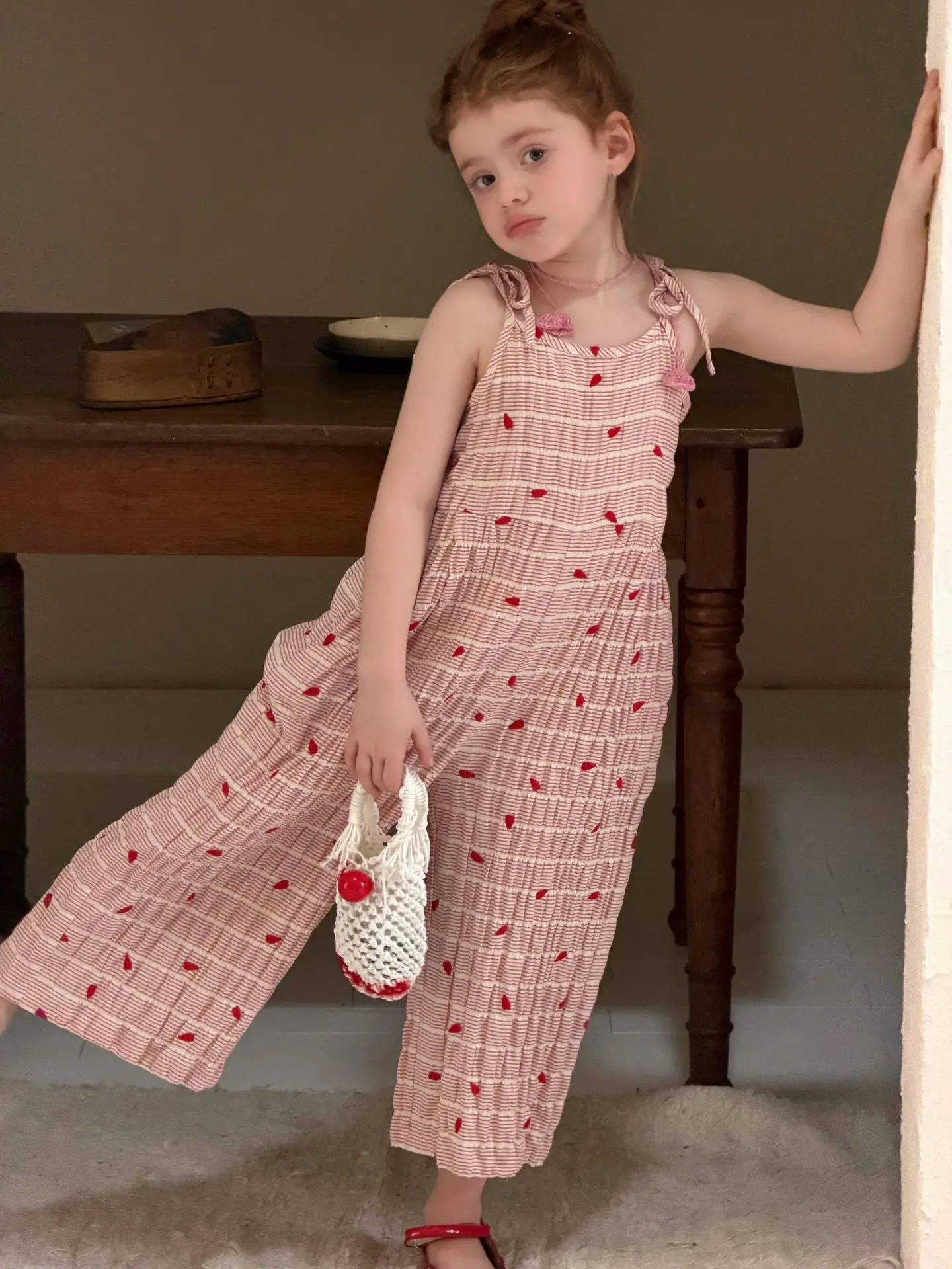 

Korean Children Clothing 2026 Summer New Girls Pants Red Striped Embroidered Lace Up Jumpsuit Overalls