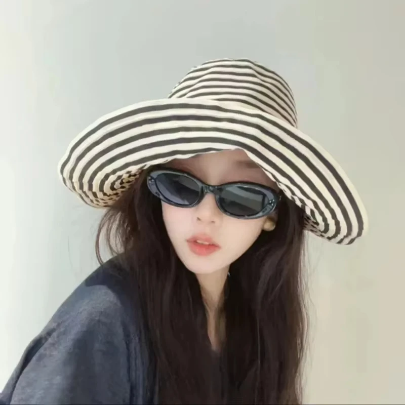 Foldable Summer Striped Fisherman Hat Windproof Anti-UV Sun Cap Outing Beach Hat Breathable Hat
